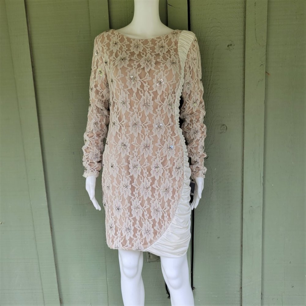 NWT JOVANI Cream Ivory Lace Rhinestone Ruched Dress 8